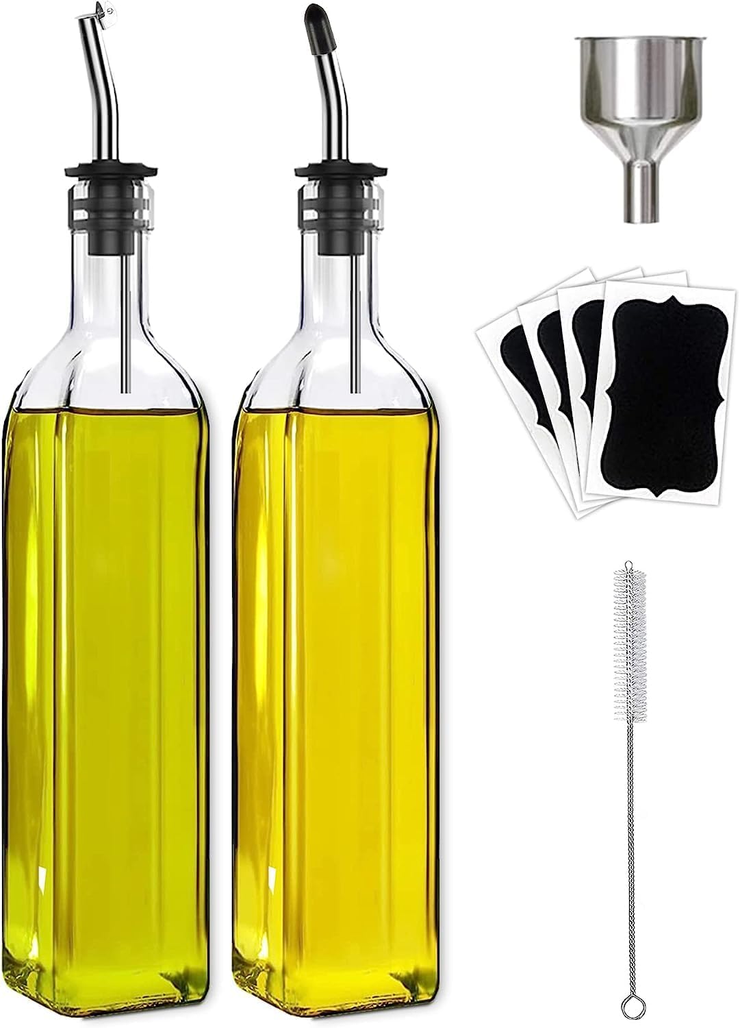 Leaflai Olive Oil Dispenser Bottle, 2 Pcs Glass Olive Oil Dispenser and Vinegar Dispenser Set with 2 Stainless Steel Pourers, 4 Labels,1 Brush and 1 Funnel Oil Bottles for Kitchen (500ml)