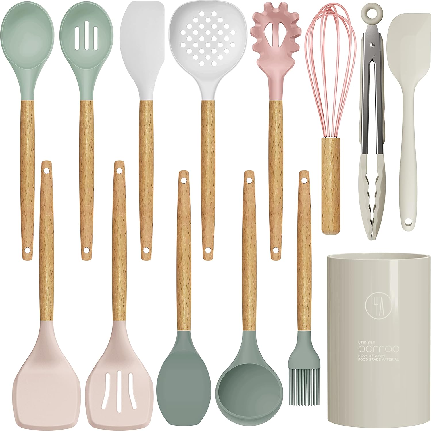 Silicone Cooking Utensils Set - 446F Heat Resistant Silicone Kitchen Utensils for Cooking,Kitchen Utensil Spatula Set w Wooden Handles and Holder, BPA FREE Gadgets for Non-Stick Cookware (Colorful)