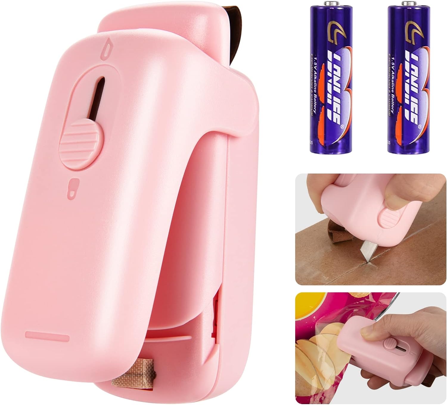 Mini Bag Sealer, Kenossion Chip Bag Sealer - Bag Sealer Heat Seal with Cutter & Magnet, Portable Mini Sealing Machine to Reseal Plastic Bags & Keep Snacks Fresh-Pink (2xAA Batteries Included)