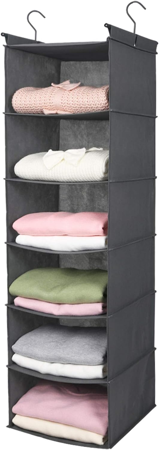 MAX Houser 6 Tier Shelf Hanging Closet Organizer, Closet Hanging Shelf with 2 Sturdy Hooks for Storage, Foldable (Grey)