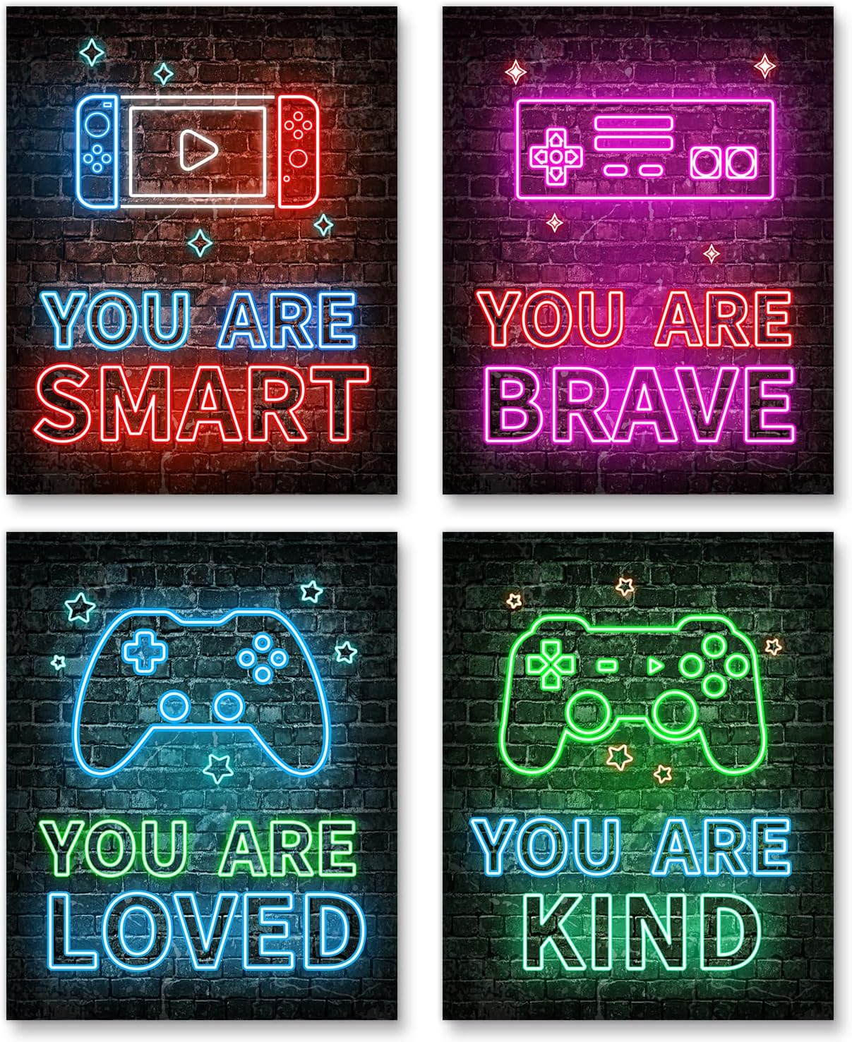 Neon Video Game Decor Set of 4(8x10), Boys Room Decorations for Bedroom, Encouragement Gaming Wall Art for Kids Boy Playroom Home Decor, gamer wall art, Teen boy bedroom, No Frames