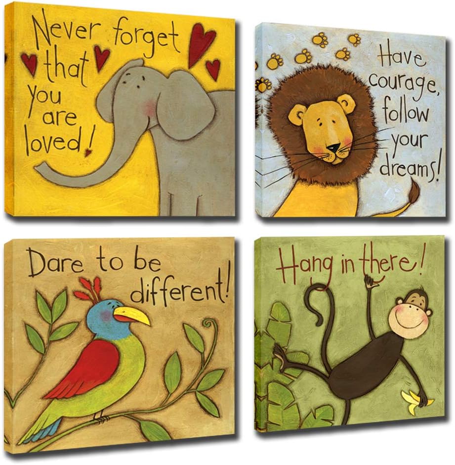Vintage Cartoon Animal Canvas Wall Art Elephant Lion Monkey Parrot Inspiration for Kids Boy Girl Room Decoration,Framed (Animals, 12x12inchx4pcs (30x30cmx4pcs))