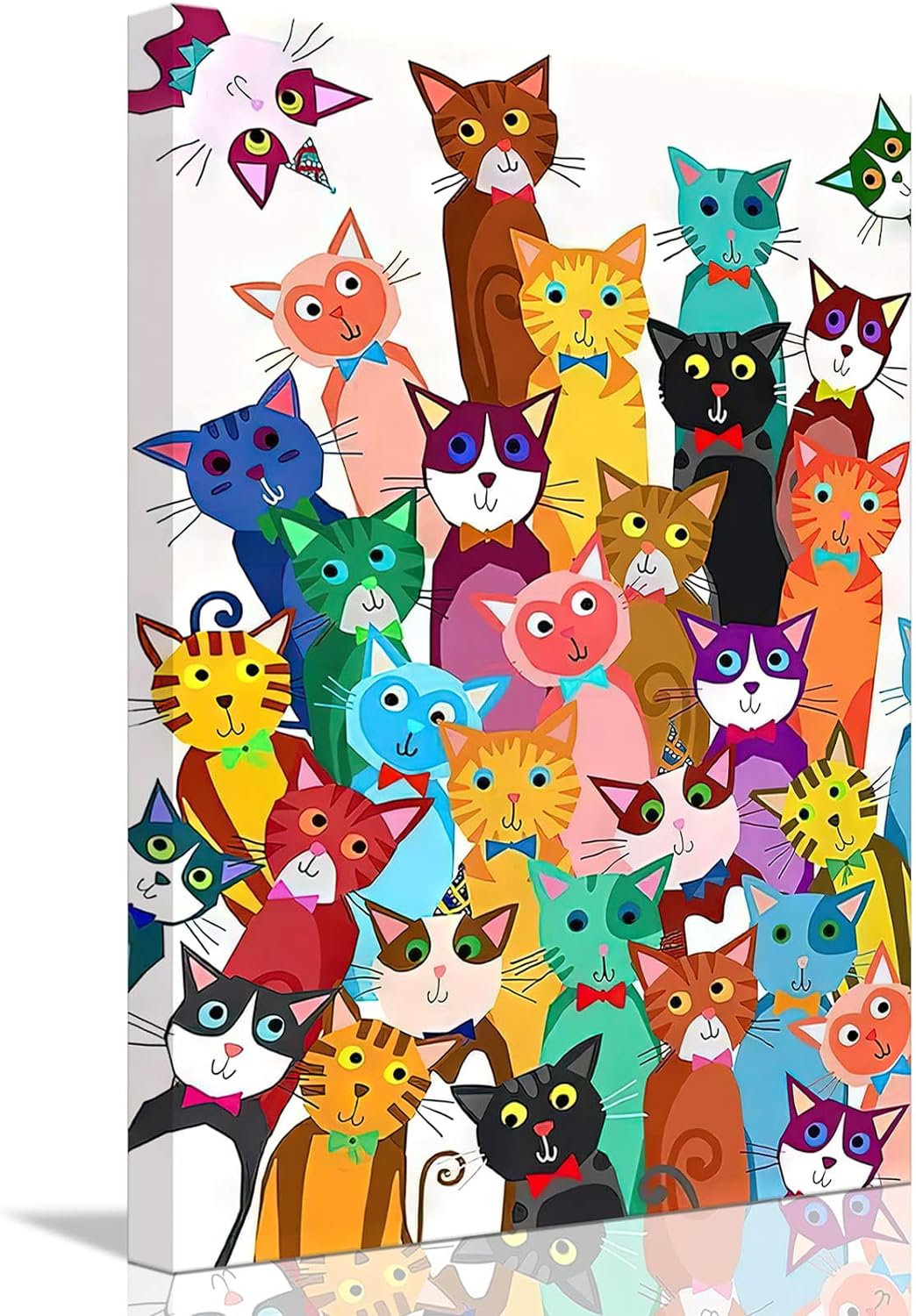 Framed Funny Colorful Cat Wall Art Cartoon Cat Canvas Wall Art Cute Bathroom Wall art Picture Nursery Wall Decor Kid' Bedroom Poster12*16