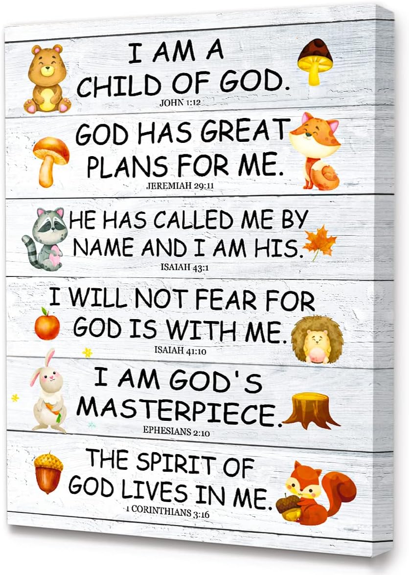 LISTNGBO Bible Verses Wall Art for Kids, I Am Child Of God Scripture Wall Art Canvas,Christian Religious Wall Art Gifts for Kids,Ready to Hang For Kids Nursery/Classroom/Bedroom Wall Decor 12 x 15