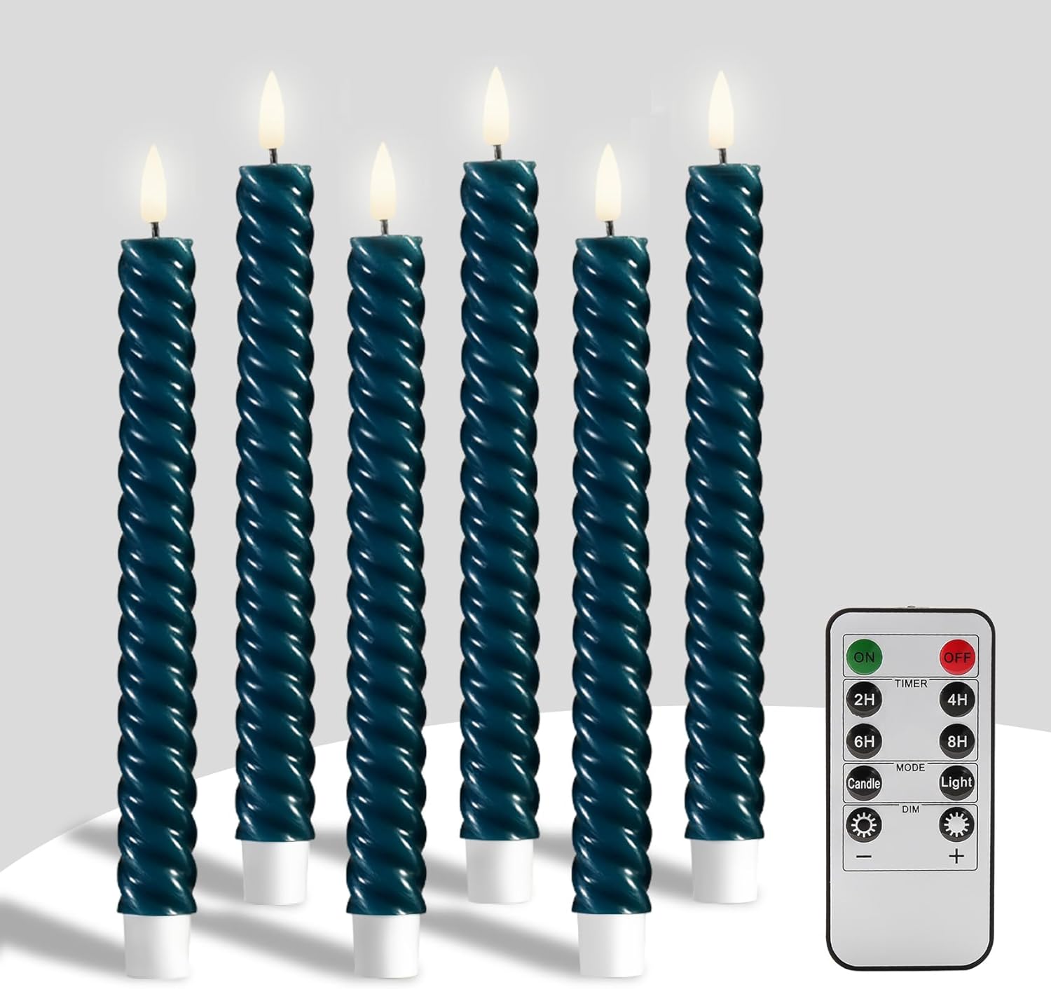 Eywamage Teal Blue Spiral Flameless Taper Candles with Remote Timer, Flickering Real Wax LED Candlesticks Battery Operated Set of 6