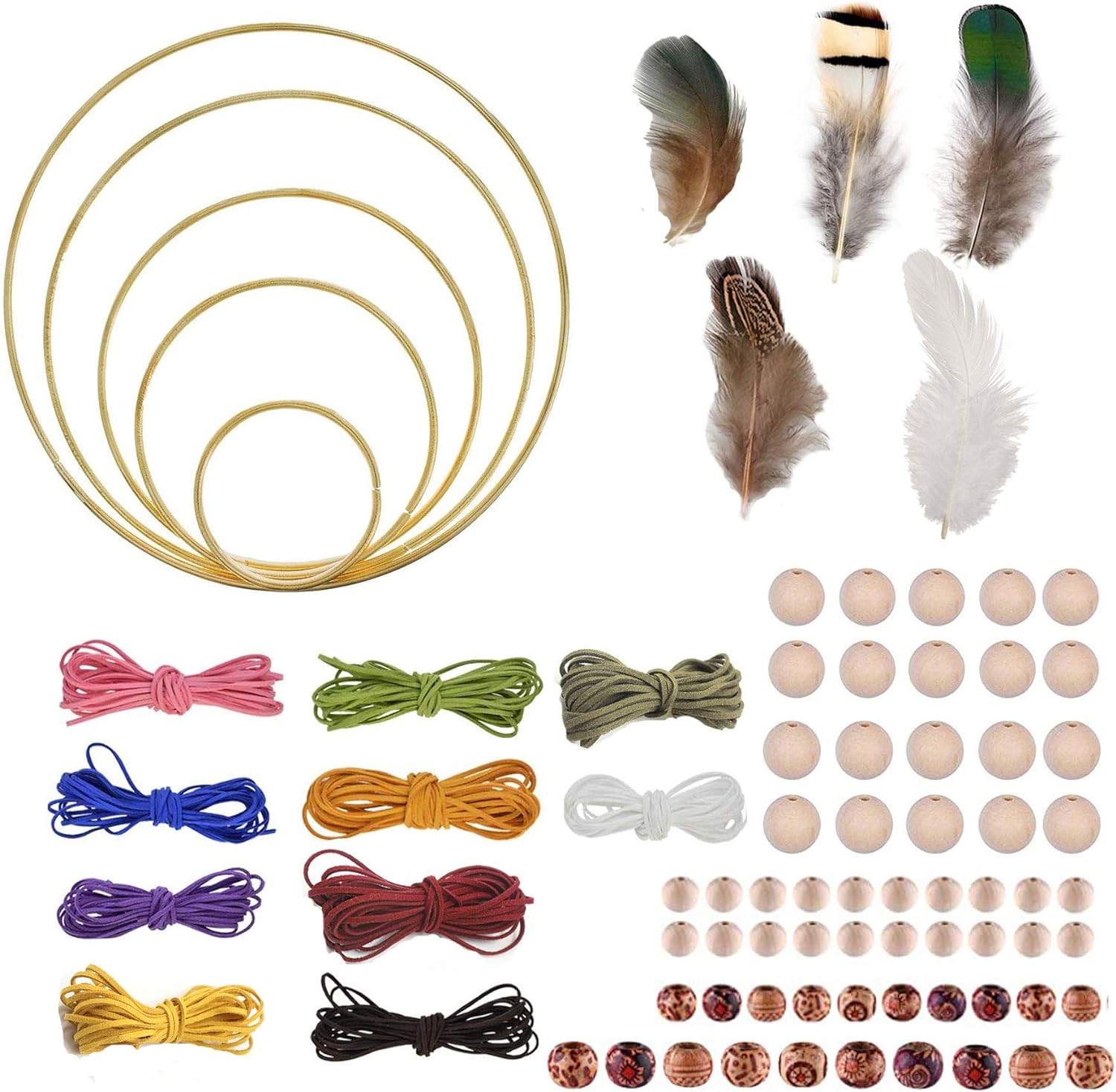 Diy Dream Catcher Kit, Dream Catcher Supplies Gywantt 5 Pcs Gold Metal Hoops in 5 Size 50pcs 5 Styled Feathers 10 Pcs 3 mm Faux Suede Cord with 5m Each Color 60 Pcs Wood Beads for Dream Catcher Crafts