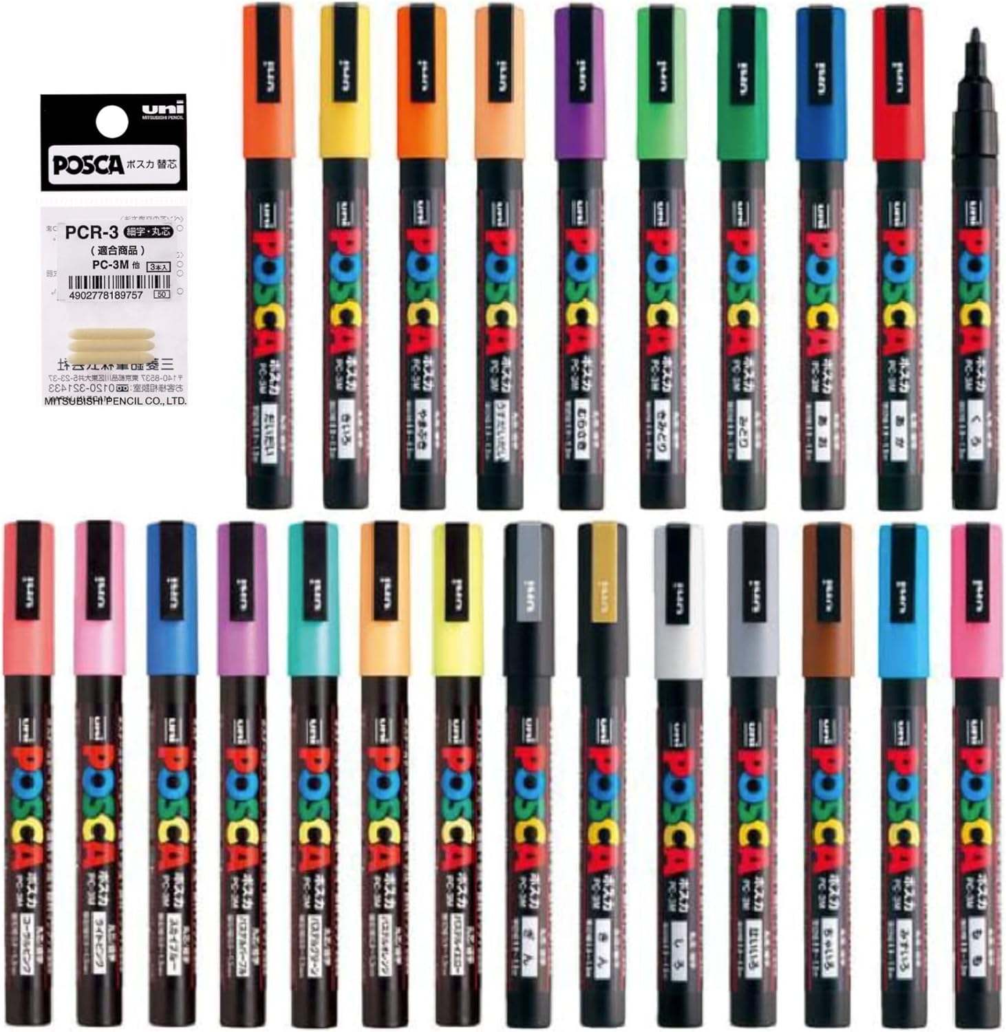 Posca Marker Acrylic Paint Pens Fine Point Tip width 0.9-1.3mm 24 colors PC-3M, For Rock Painting, Fabric, Glass Paint, Metal Paint Including Pens Tip Refill PCR-3