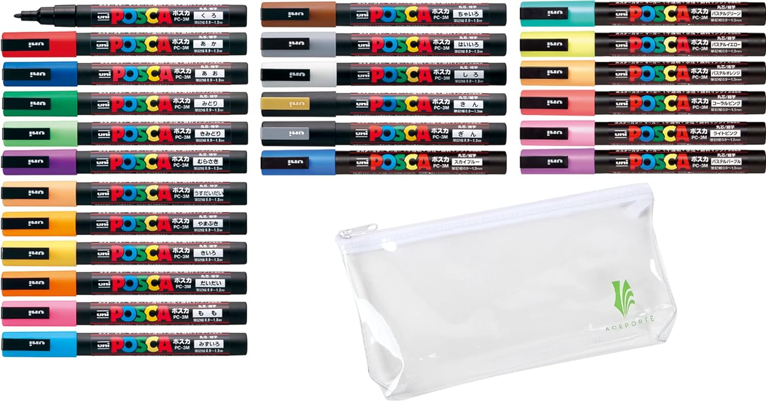 Uni POSCA Paint Marker Pen - Fine Point - Non Alcohol - Odorless Water Resistant Maker - Set of 24 (PC-3M15C & PC-3M7C & Gold & Silver) with Original Vinyl case