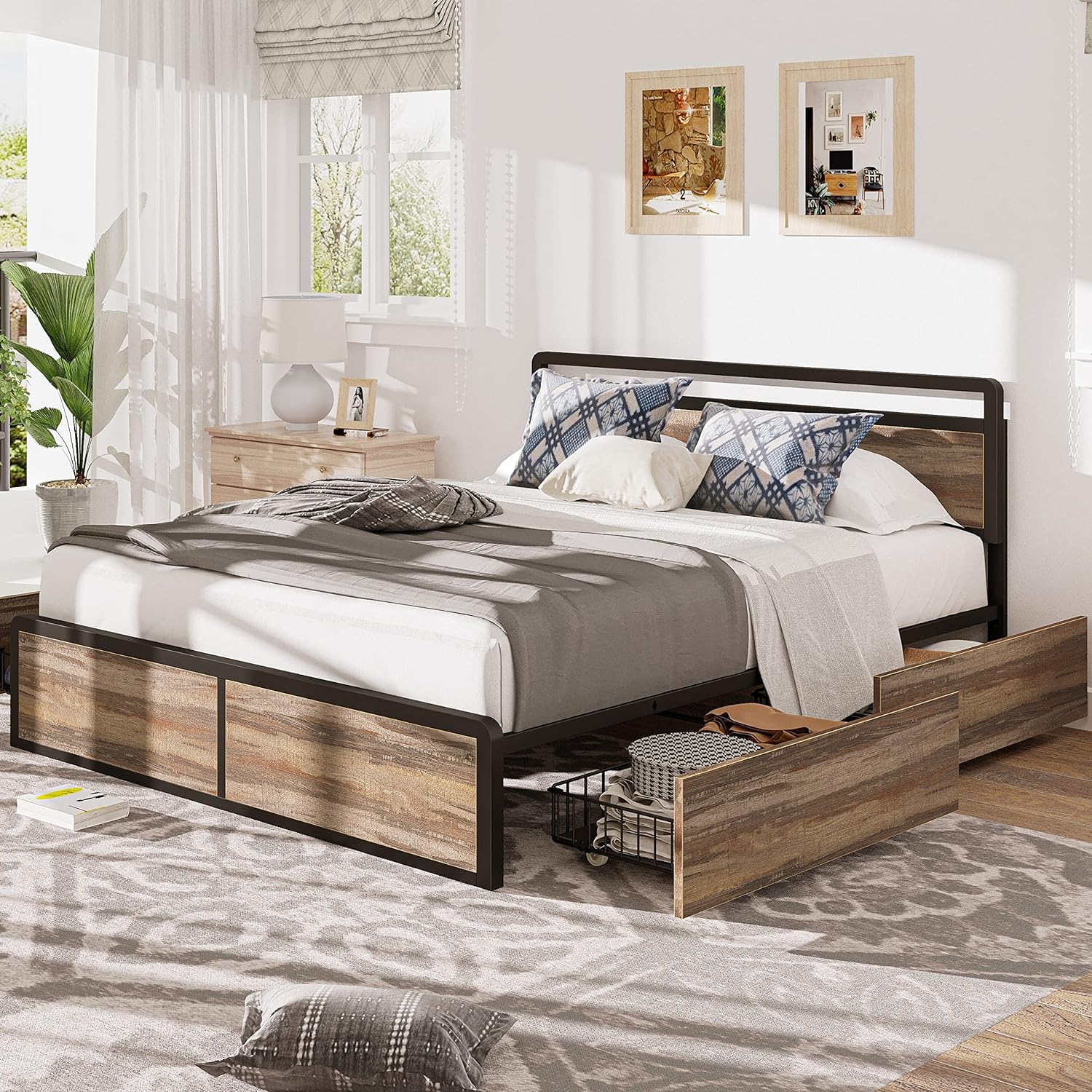 LIKIMIO Queen Bed Frame with Storage, Adjustable Headboard and 4 Drawers, Sturdy and Practical, No Noise, No Box Spring Needed, Easy Assembly, Rustic Brown