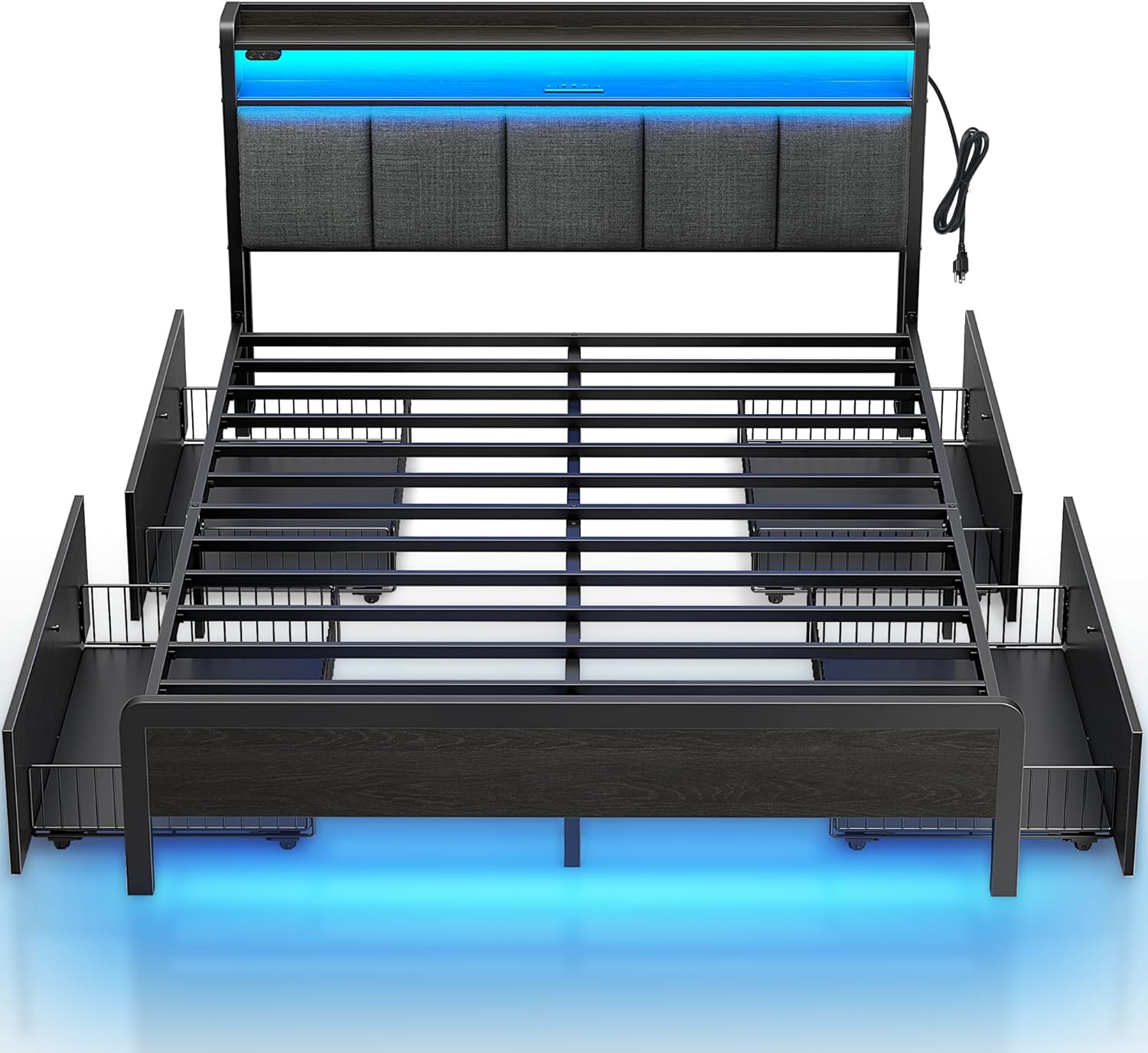 Rolanstar Bed Frame Queen Size with Charging Station and LED Lights, Upholstered Storage Headboard with Drawers, Heavy Duty Metal Slats, No Box Spring Needed, Noise Free, Easy Assembly, Dark Grey