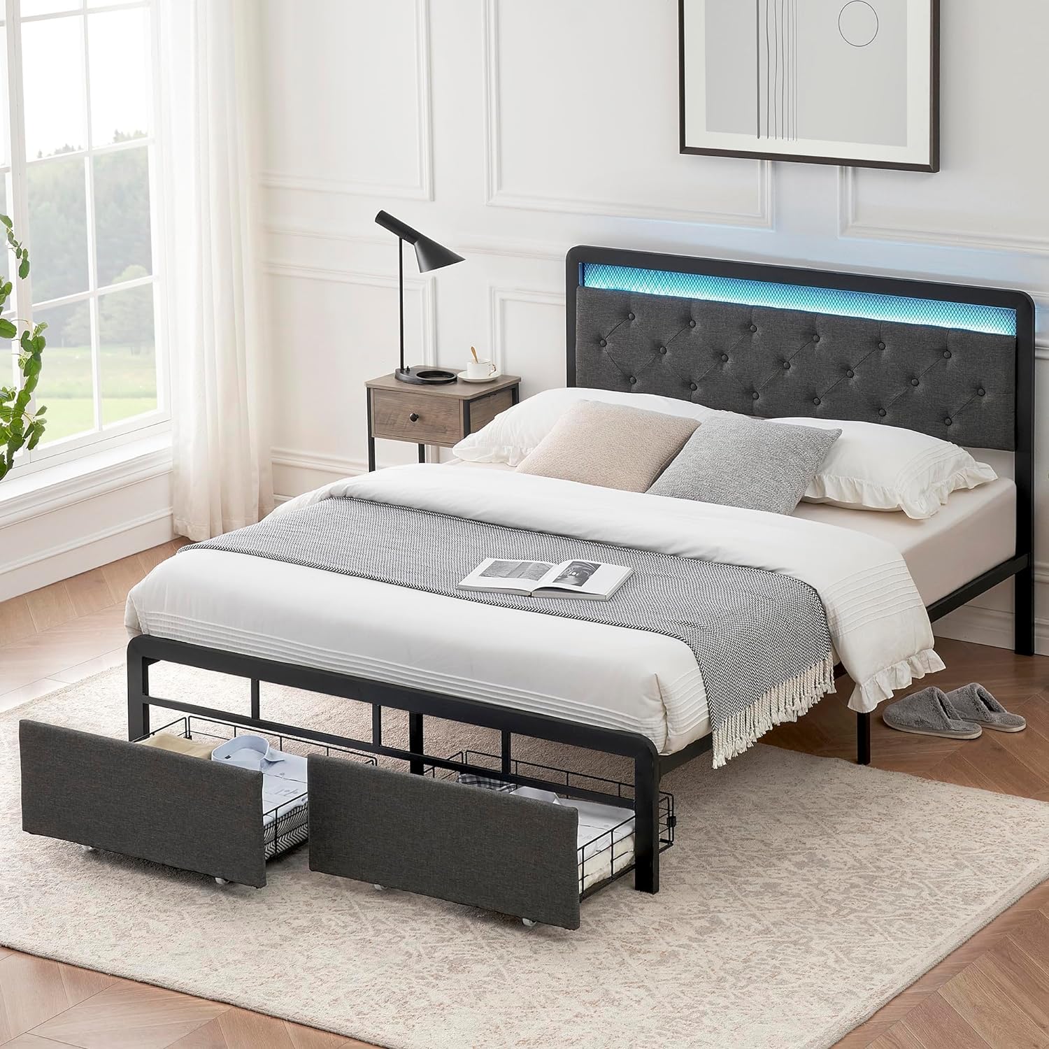 GAOMON Full Size Bed Frame with Drawers, Upholstered Platform Full Bed with Storage & LED Lights Headboard, No Box Spring Needed, Easy Assembly, Dark Grey