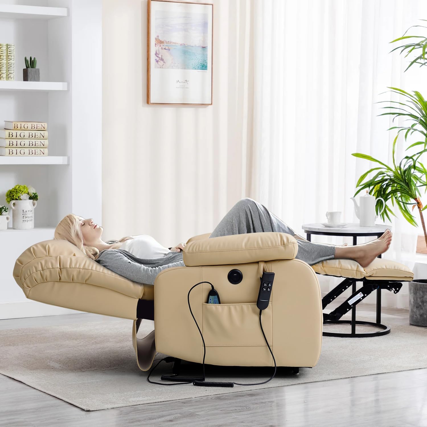 ASHOMELI Infinite Position Dual Motor Large Power Lift Recliner Chair with Massage and Heating,Real Leather,2 Side Pockets, USB and Type-c Ports (Beige)