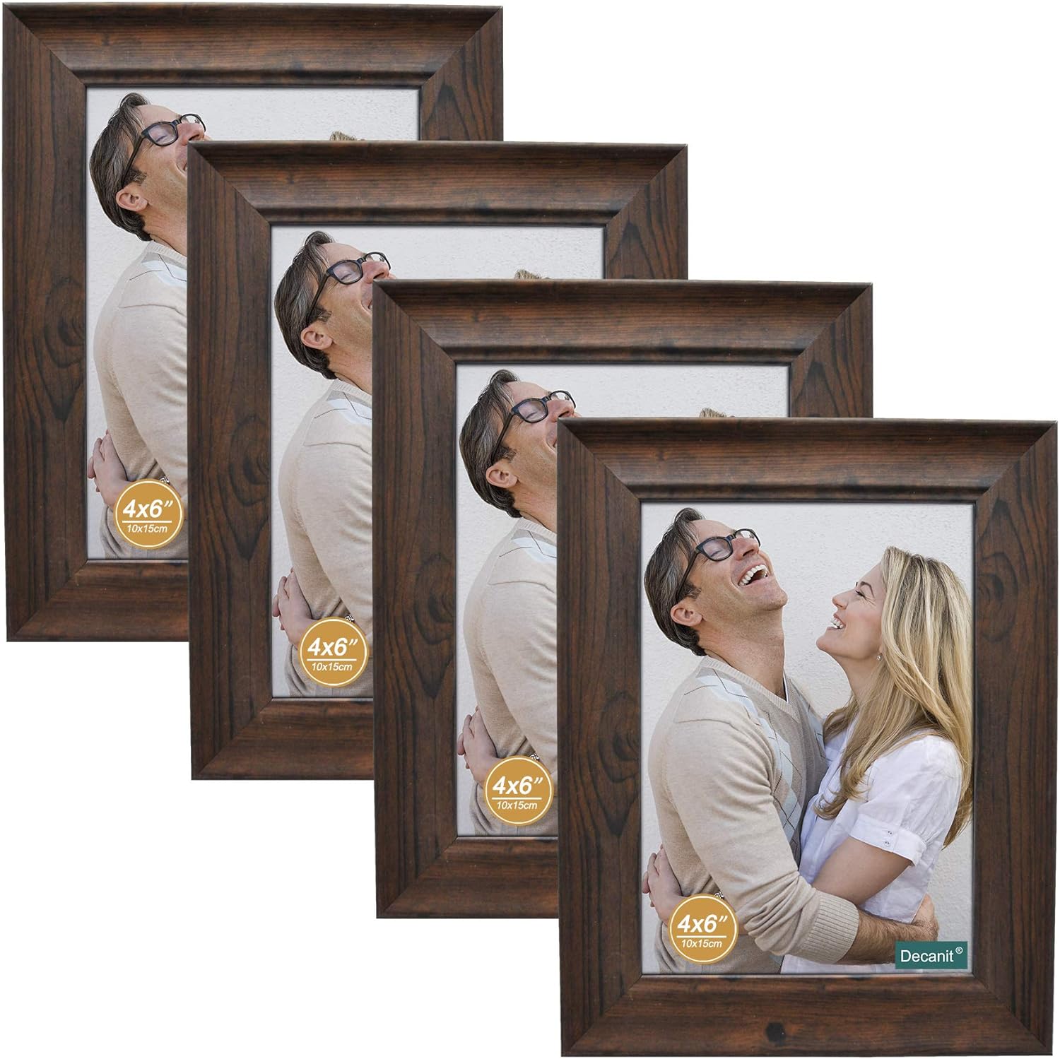 DECANIT 4x6 Picture Frames Rustic Distressed Brown Wood Pattern High Definition Glass for Table Top Display and Wall Mounting Photo FramePack of 4