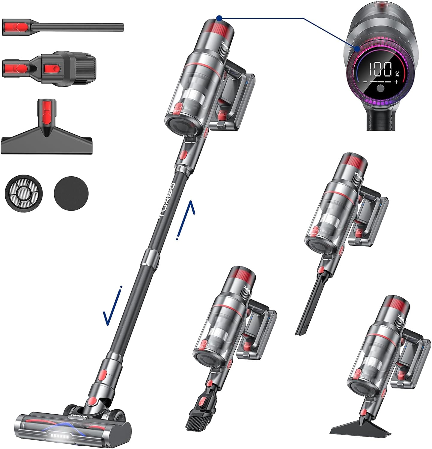 Vistefly Cordless Vacuum Cleaner, 500W 33Kpa V15 Cordless Stick Vacuum, Max 60 Min Runtime, 5 in 1 Powerful Stick Vacuum with Touch Screen, Vacuum Cleaner Carpet and Floor Pet Hair