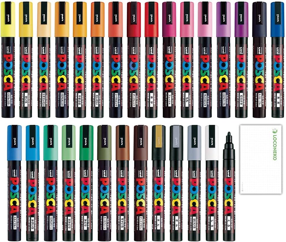 Posca Paint Marker Medium Point (PC-5M) 29 Colors FULL RANGE Bundle Set Uni Mitsubishi Poster Colour ALL COLOR 2.2mm Marking Pen Loconeko Memo pad Set