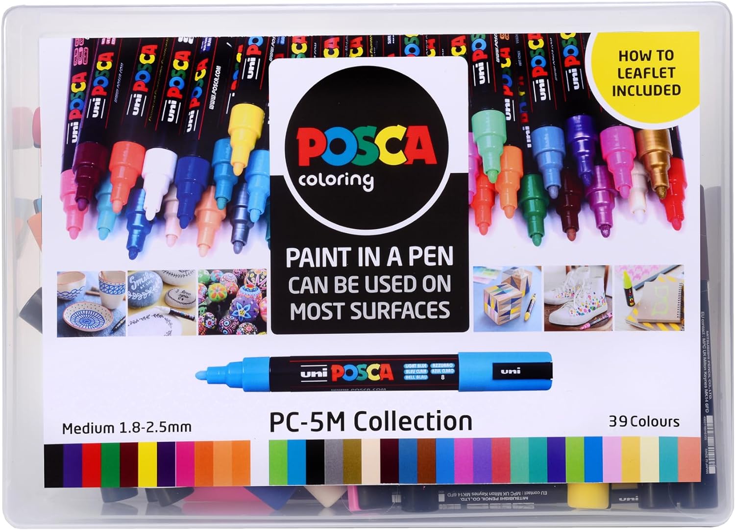 Posca PC-5M Water Based Permanent Marker Paint Pens. Medium Tip for Art & Crafts. Multi Surface Use On Wood Metal Paper Canvas Cardboard Glass Fabric Ceramic Rock Stone Pebble Porcelain. Set of 39