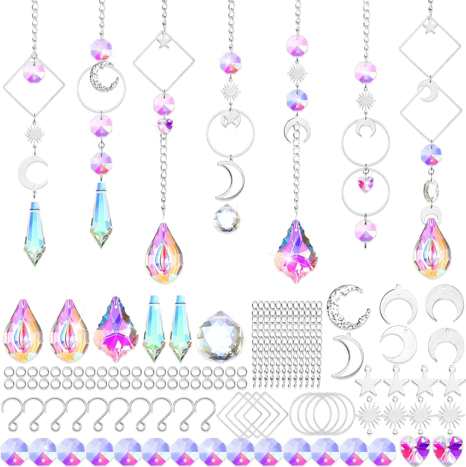 57 Pcs Crystal Suncatcher Hanging Sun Catcher Kits for Adults Colorful Crystals Suncatchers Prisms with Chain Pendant Ornament Suncatchers DIY Crafts for Window Home Office Garden Decoration (Silver)