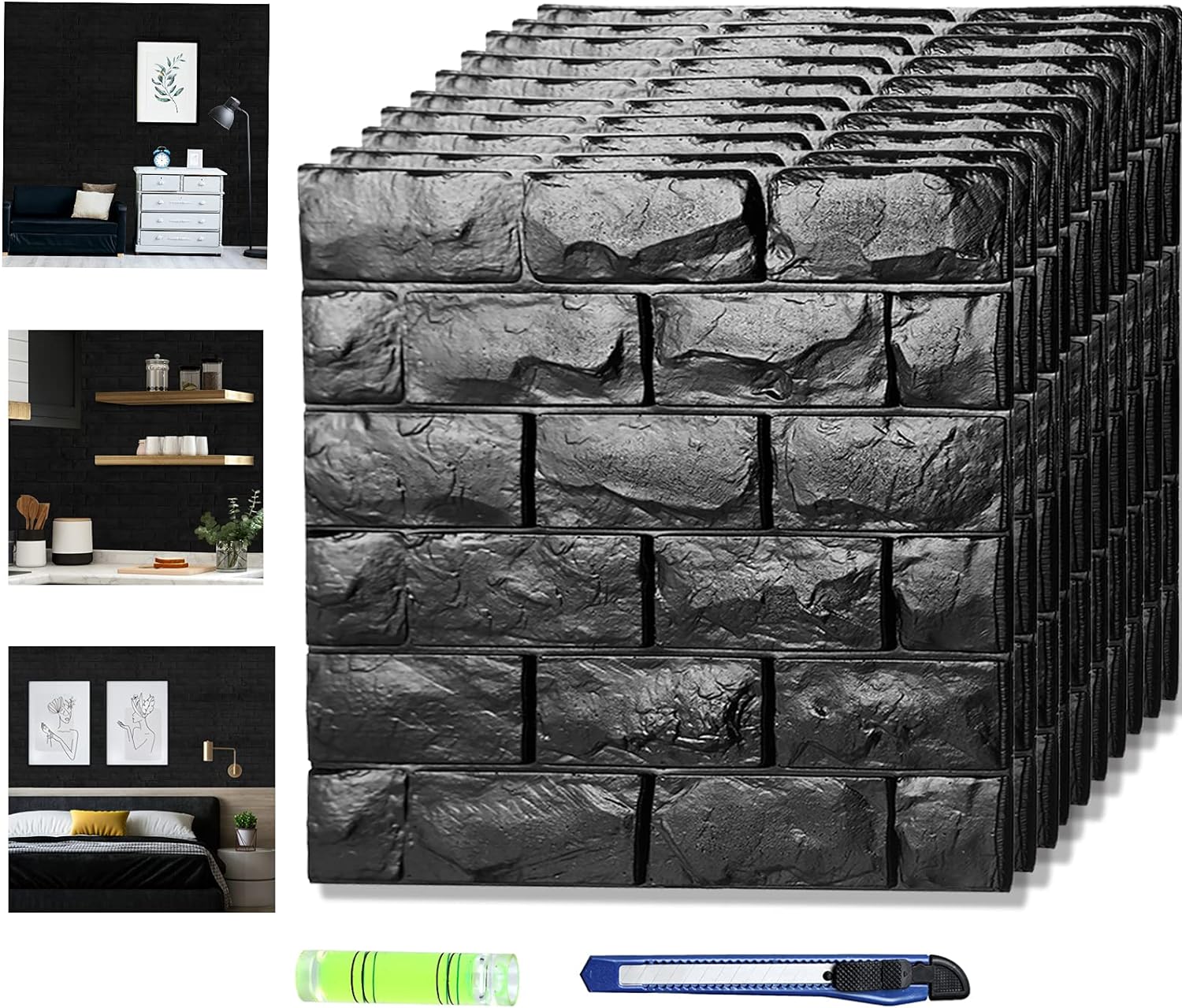 Circloophs 3D Wall Panels Stick and Peel, Black Brick Printable 3D Wallpaper Stick and Peel Self Adhesive Waterproof Foam Faux Brick Paneling for Bedroom, Bathroom, Kitchen, Fireplace (30, Black)