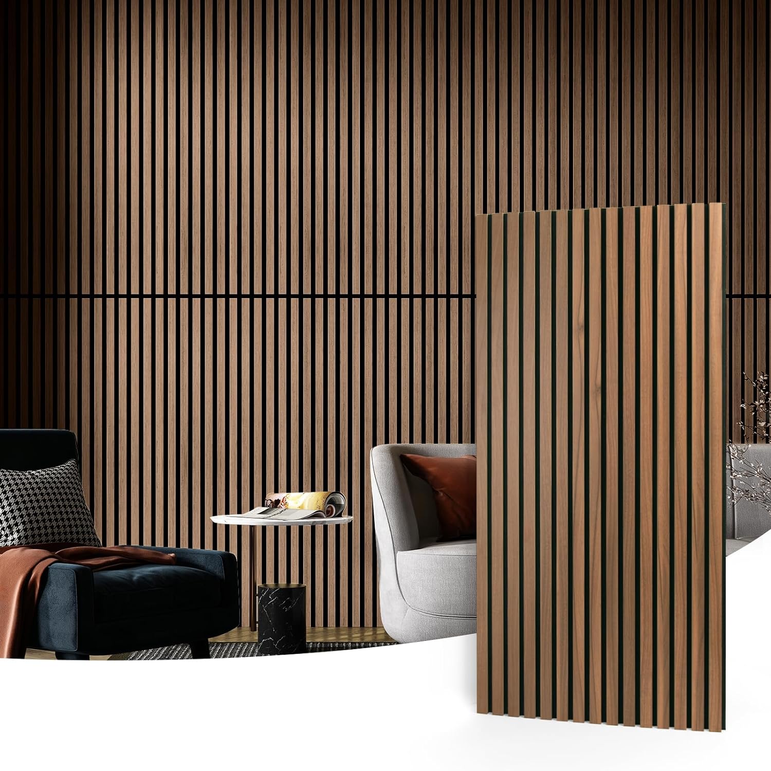 Art3d 2 Wood Slat Acoustic Panels for Wall and Ceiling - 3D Fluted Sound Absorbing Panel with Wood Finish - Walnut