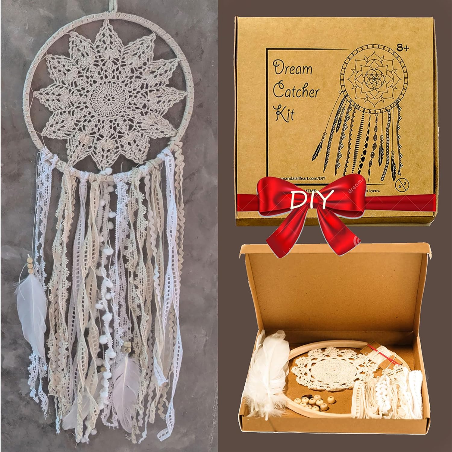 Mandala Life ART DIY Dreamcatcher Kit - Creative Activity Set 10x28 inches - Make Your Own Bohemian Wall Hanging with All-Natural Materials - Includes Premium Lace, Yarn, Feathers and Wooden Hoop