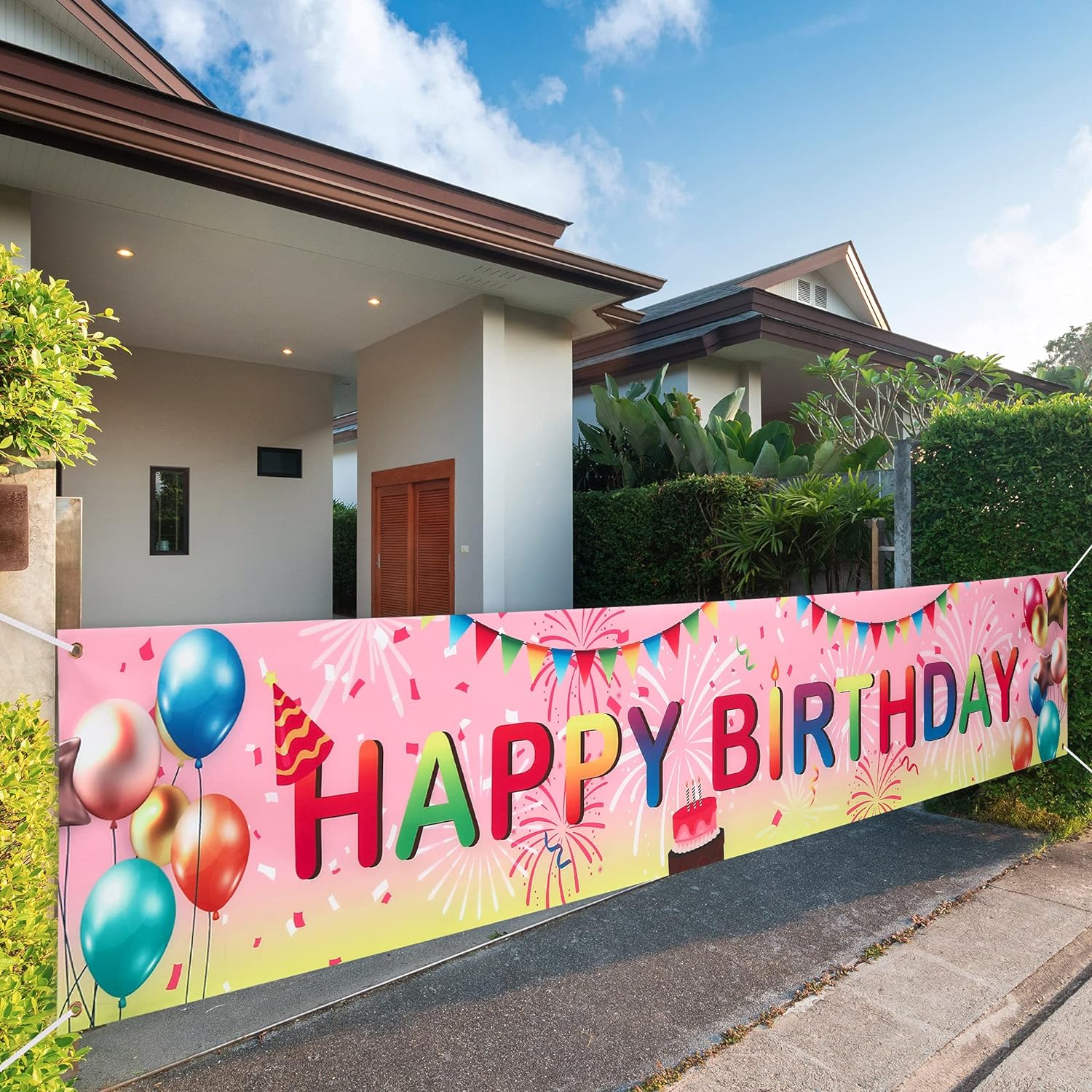 VUDECO Large Happy Birthday Banner Happy Birthday Sign Yard Happy Birthday Decorations Party Decor Backdrop Birthday Banner Gift For Girl Boy Kids Women Men - Pink