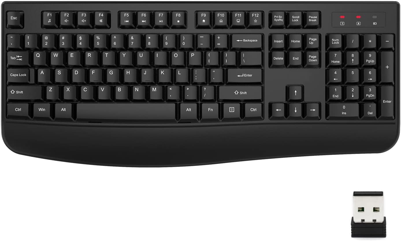 EDJO Wireless Keyboard, 2.4G Ergonomic Full Size Wireless Computer Keyboard with Wrist Rest for Windows, Mac OS Desktop/Laptop/PCBlack