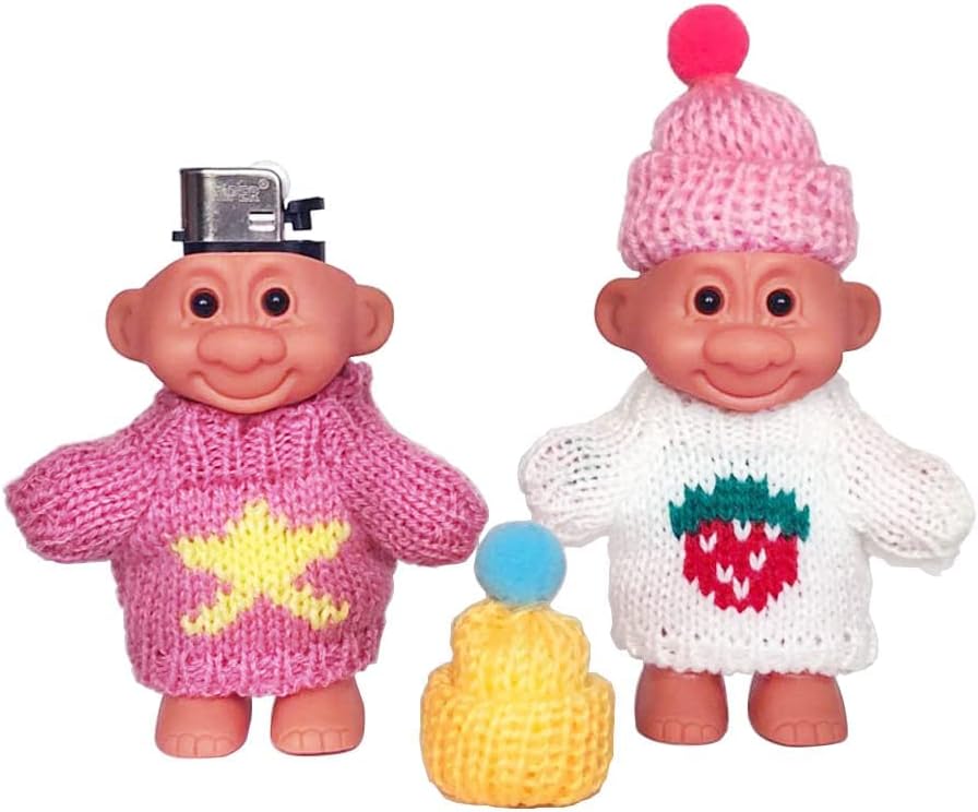 2 Pack Cute Troll Dolls Lighter Case Silicone Funny Mini Dolls Lighter Sleeve with Sweater &Hat for 3.2in Regular Lighter (Lighter not Included) (Pink & White)