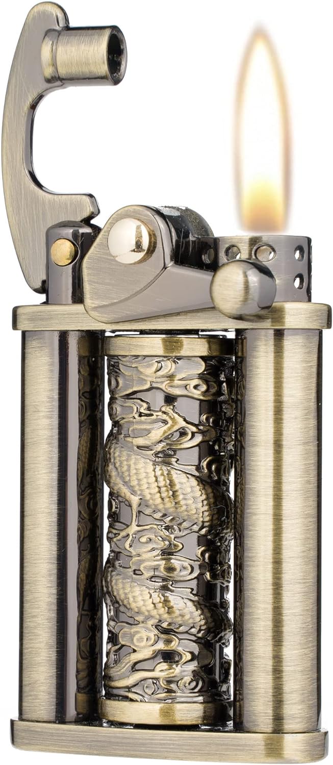 Antique Type Rotatable Dragon Pillar Soft Flame Rocker Arm Petrol Kerosene Lighter (Bronze)