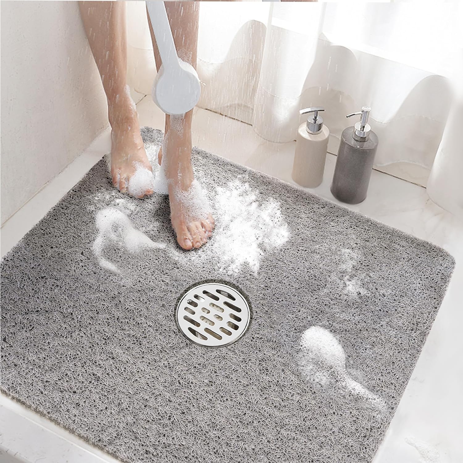 HITSLAM Square Shower Mat, 24 x 24 Inch Non Slip Bath Mat for Tub, Soft PVC Loofah Bathtub Mats with Drain Holes, Quick Drying Bathroom Stall Floor Mat, Bathroom Accessories Without Suction Cup, Grey