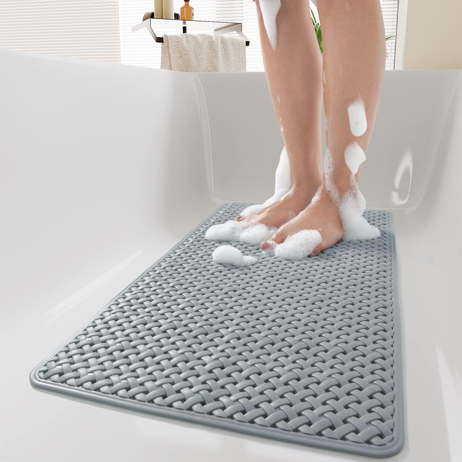 PADOOR Bathtub-Mat Non Slip with Suction Cups and Drain Holes, Machine Washable Shower Mat Anti Slip Bath Mat for Tub for Kids (14x27 Gray)