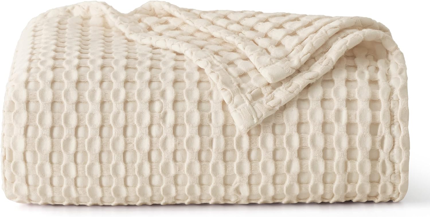 Bedsure Cotton Waffle Twin XL Blanket - Lightweight Breathable Blanket of Rayon Derived from Bamboo for Hot Sleepers, Luxury Throws for Bed, Couch and Sofa, Beige, 66x90 Inches