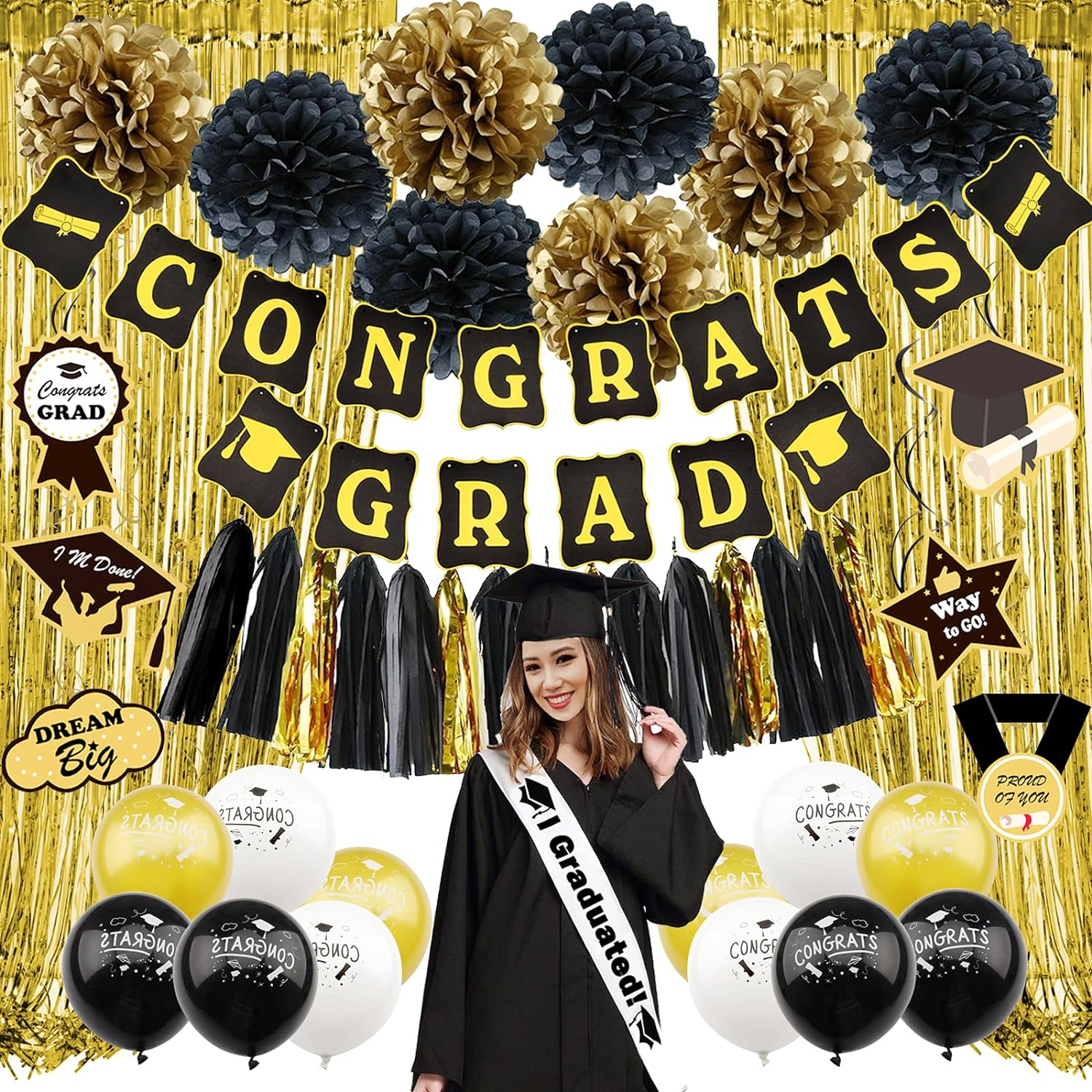 ZERODECO Graduation Party Supplies, Black and Gold Graduation Decorations Congrats Grad Banner, Hanging Swirls, Paper Pompoms, Sash, Balloons, Foil Curtain, Paper Tassel for Grad Decorations