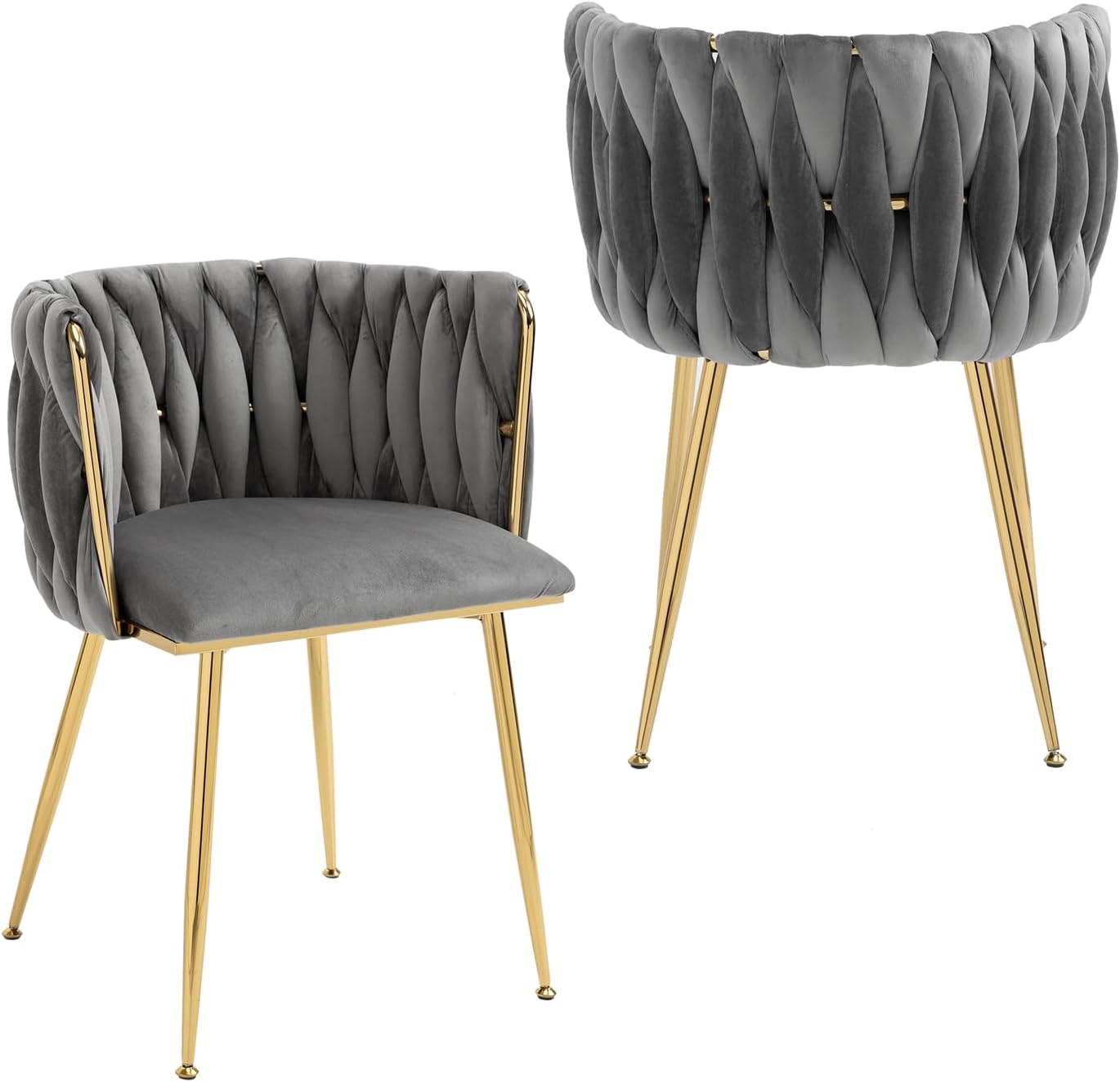 Nrizc Woven Dining Chairs Set of 2, Velvet Upholstered Dining Chairs with Gold Metal Legs, Modern Accent Chairs for Living Room, Dining Room, Kitchen (Grey)