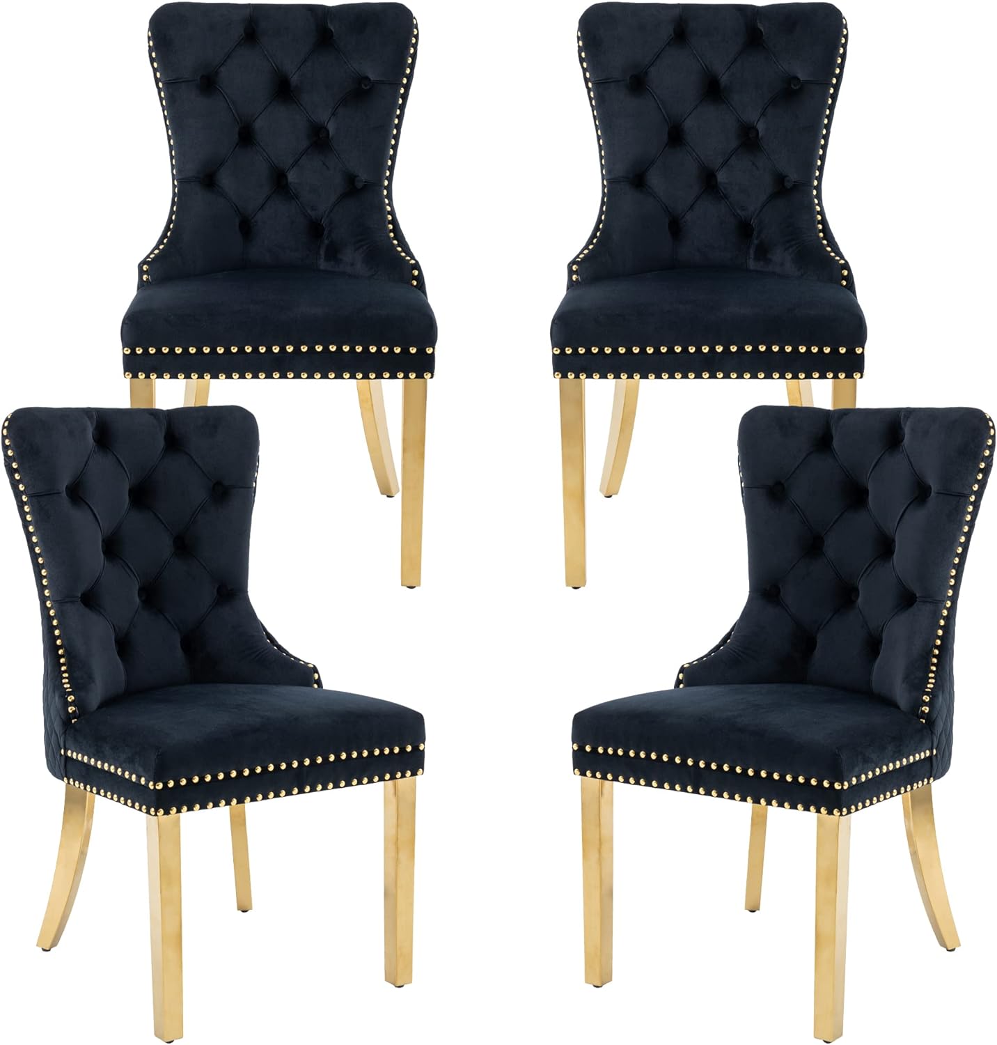 civama Dining Chairs Set of 4, Velvet Dining Room Chair Gold Metal Legs, Luxury Tufted Back Rhomboid Pattern Lion Head Pull Ring Nailhead Trim Upholstered Armless Chairs, Black