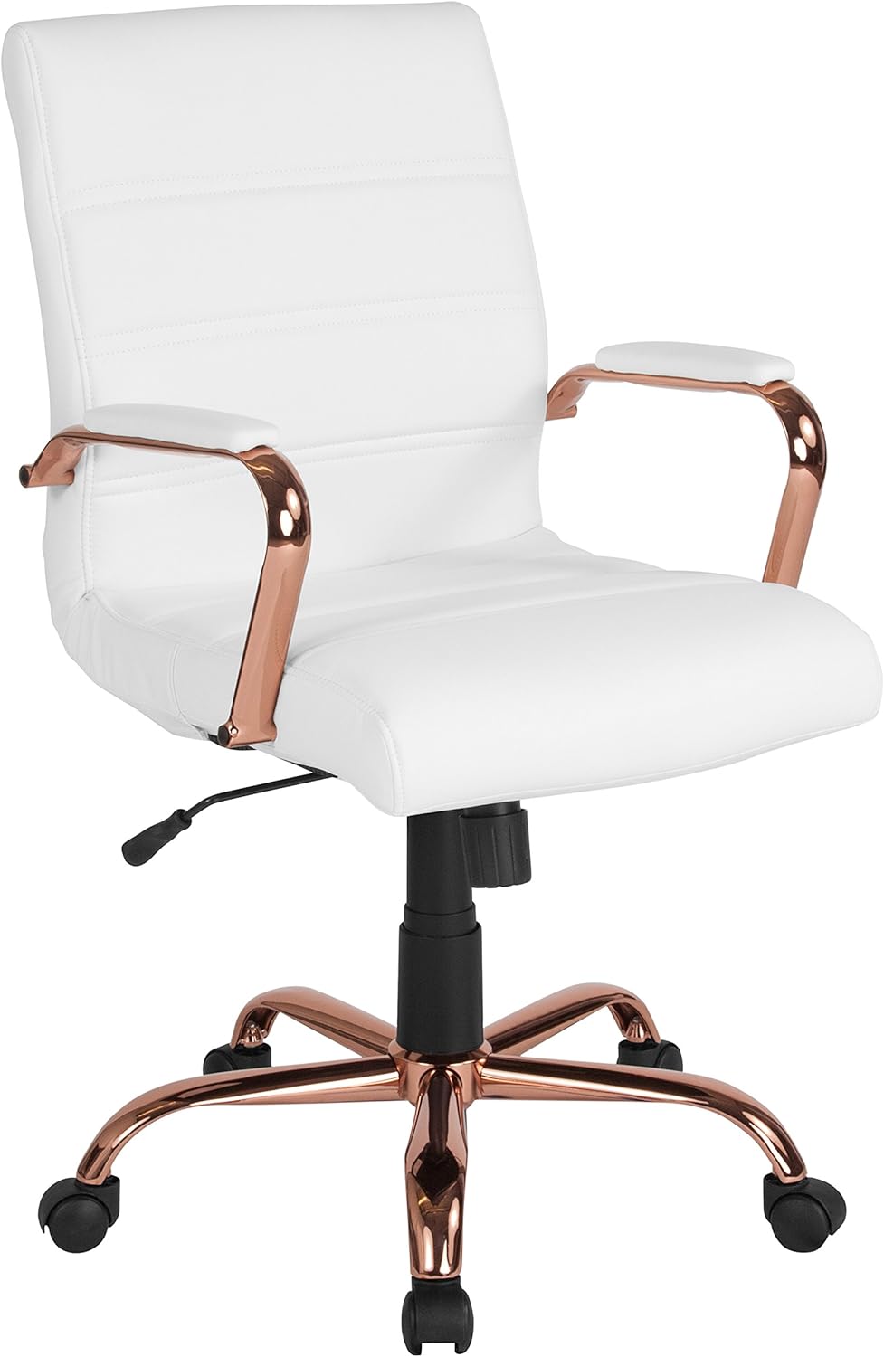 Flash Furniture Whitney Mid-Back Swivel LeatherSoft Desk Chair with Padded Seat and Armrests, Adjustable Height Padded LeatherSoft Office Chair, White/Rose Gold