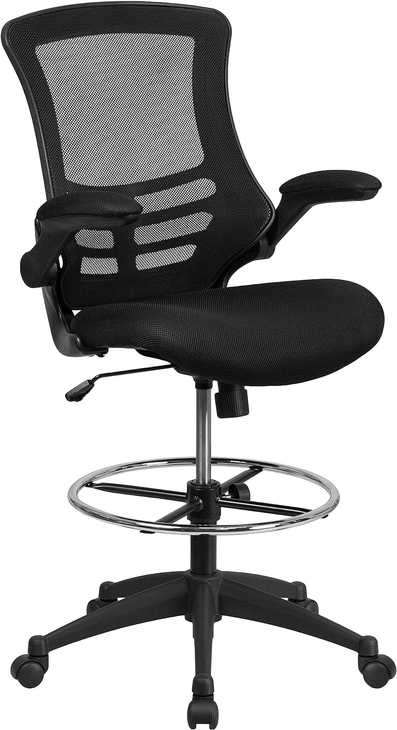 Flash Furniture Kelista Mid-Back Black Mesh Ergonomic Drafting Chair | Adjustable Foot Ring, Flip-Up Arms | Comfort and Productivity