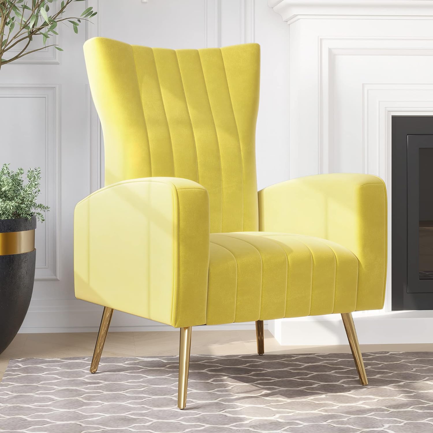 BELLEZE Velvet Accent Chairs for Living Room, Modern Wingback Vanity Chair Upholstered Arm Chair High Back Accent Chair with Metal Legs, Armrests for Living Room Bedroom- Kinsley (Yellow)