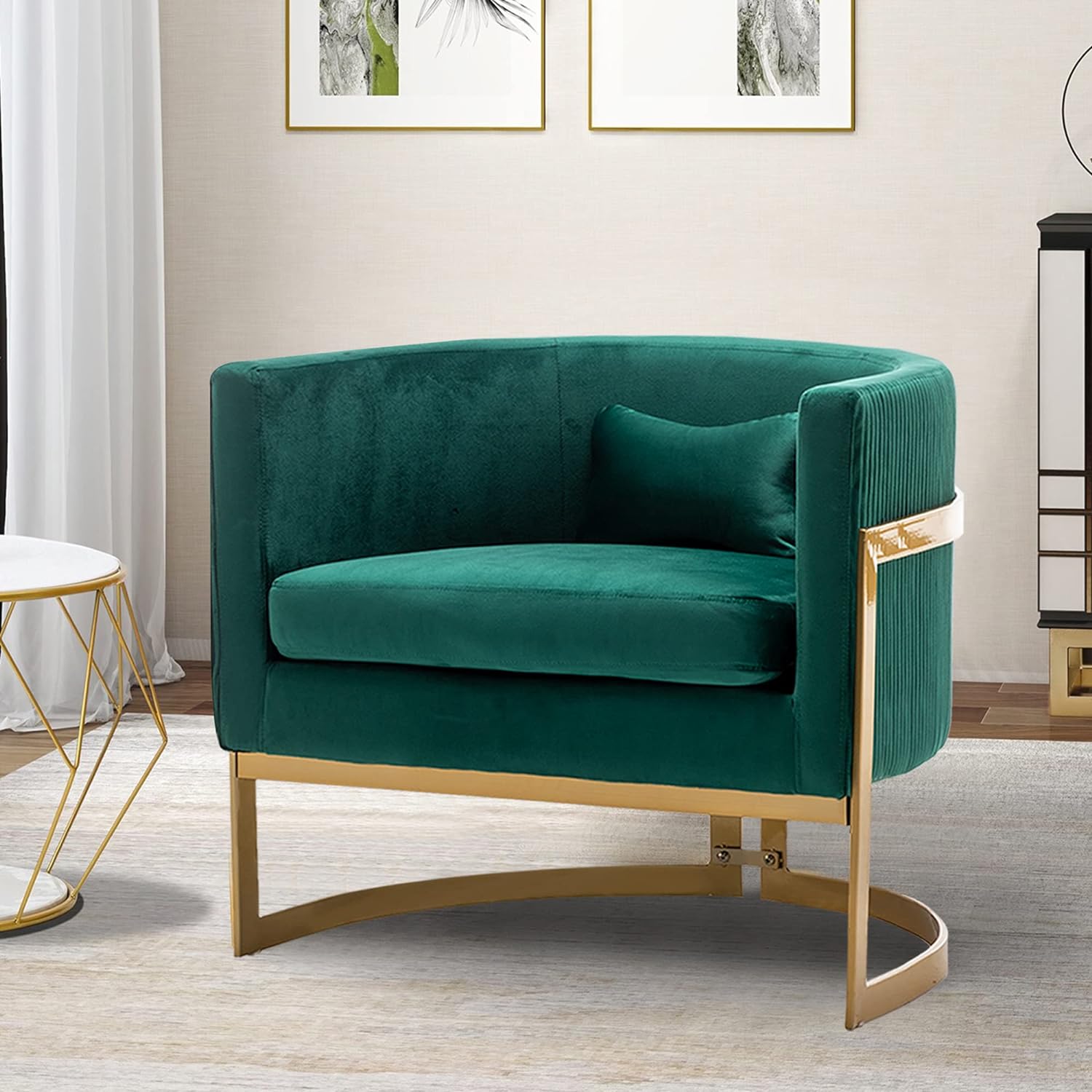 Apeaka Velvet Accent Chair Green Modern Upholstered Barrel Chair, Wide Arm Chairs for Living Room Bedroom Club Side Chairs with Gold Legs