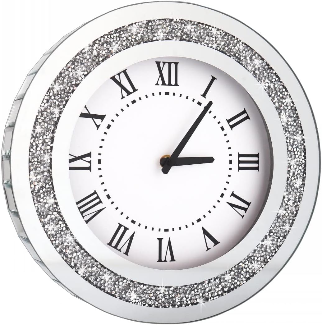 DMDFIRST Silver Round Mirror ,12inch Crystal Sparkle Twinkle Bling Crush Diamond Mirrored Wall Clock for Wall Decoration Silver Glass Mirror Home Decor. AA Battery is not Included.