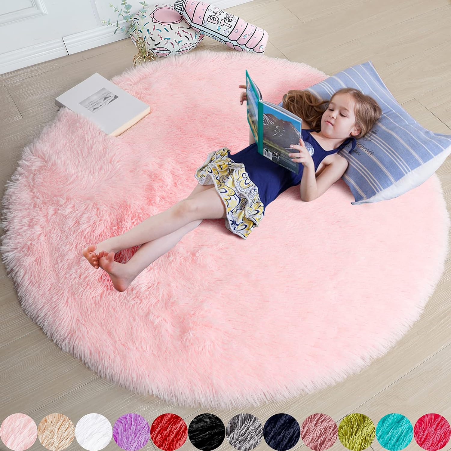 Pink Round Rug for Girls Bedroom,Fluffy Circle Rug 4'X4' for Kids Room,Furry Carpet for Teen ,Shaggy Circular Rug for Nursery Room,Fuzzy Plush Rug for Dorm,Cute Room Decor for Baby