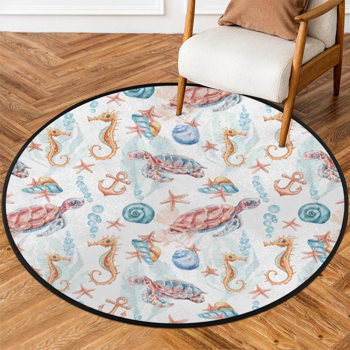 Seahorse Turtle Starfish Round Rug 3ft Washable Round Area Rug Anti Fatigue Throw Rug Non-Slip Bathroom Rugs Soft Circle Rug for Bedroom Room Living Nursery Kitchen Entryway Office Throw Carpet