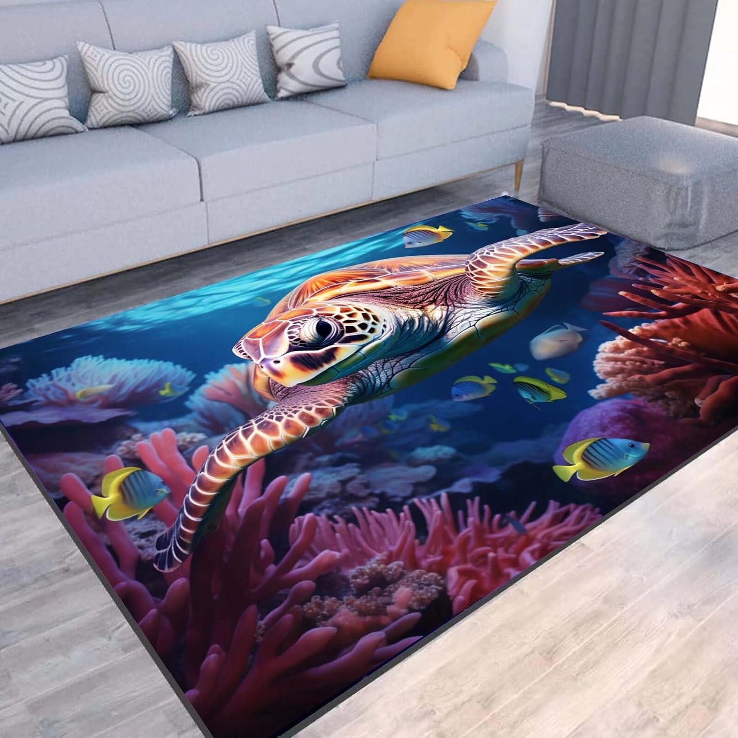 Sea Turtle Area Rug 3D Ocean Animals Painting Home Carpet for Teens Boys Girls Non-Slip Rugs for Room Sofa Living Room Decor Washable Rug 47 in X 63 in