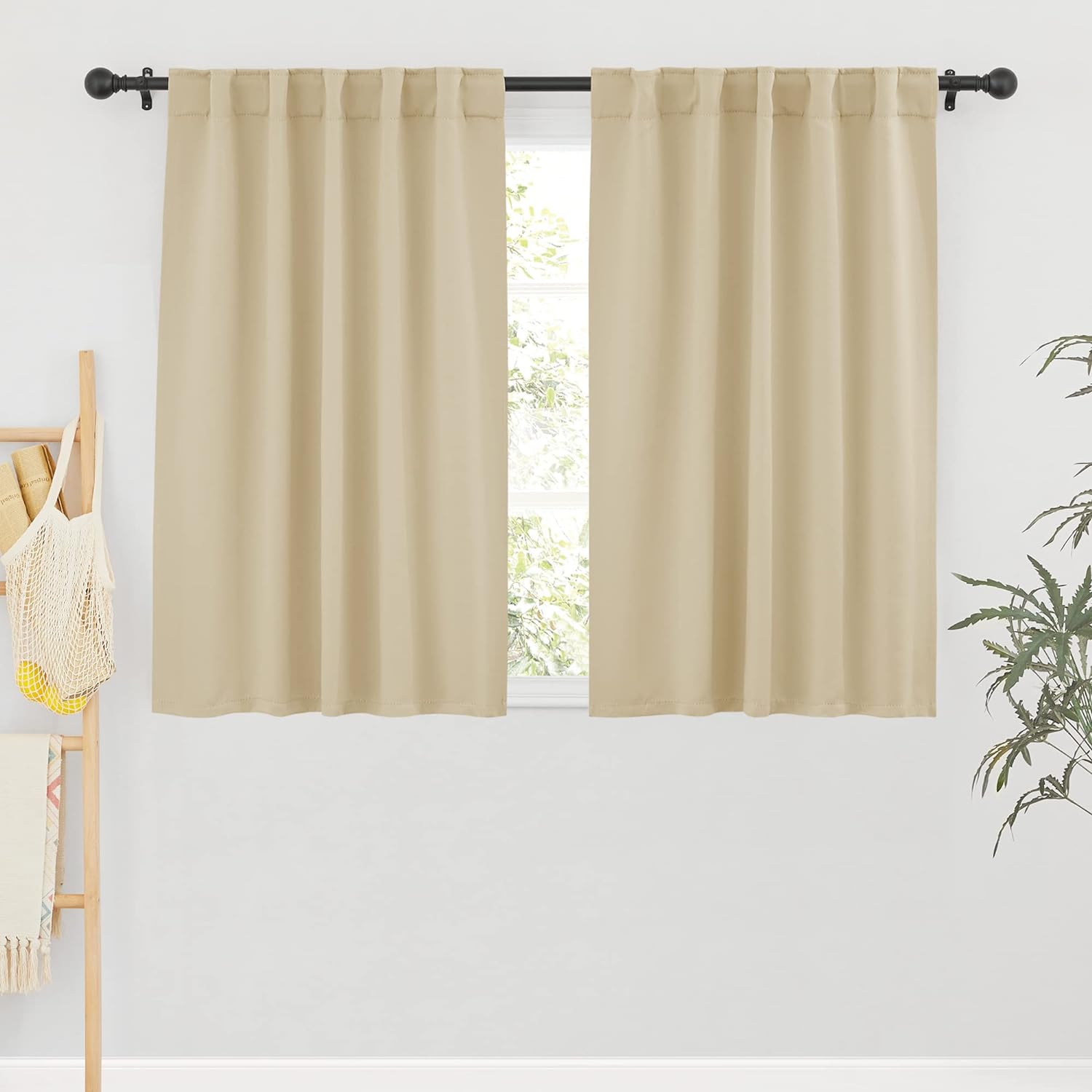 RYB HOME Room Darkening Curtains - Back Loops Solid Sunlight Block Window Decor for Nursery Bedroom Kitchen Bath Garage, Wide 42 in x Long 45, Biscotti Beige, 2 Panels