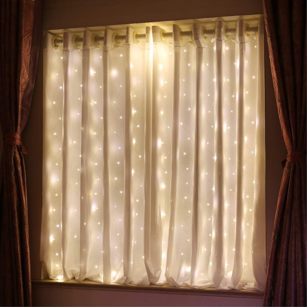 HXWEIYE Short Curtain Lights for Small Window, 3.3x5Ft Warm White Fairy Light with Timer & 8 Clips for Bedroom, Battery Powered 96Led String Light for Indoor Weddings Party Garden Wall Decor