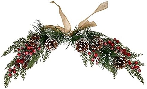 Gift Boutique Christmas Swag Holiday Pine Door Window Snowy Pine Cones Holly Berries Wall Hanging Decor Winter Front Door Hanging Home Decoration with Burlap Ribbon Bow