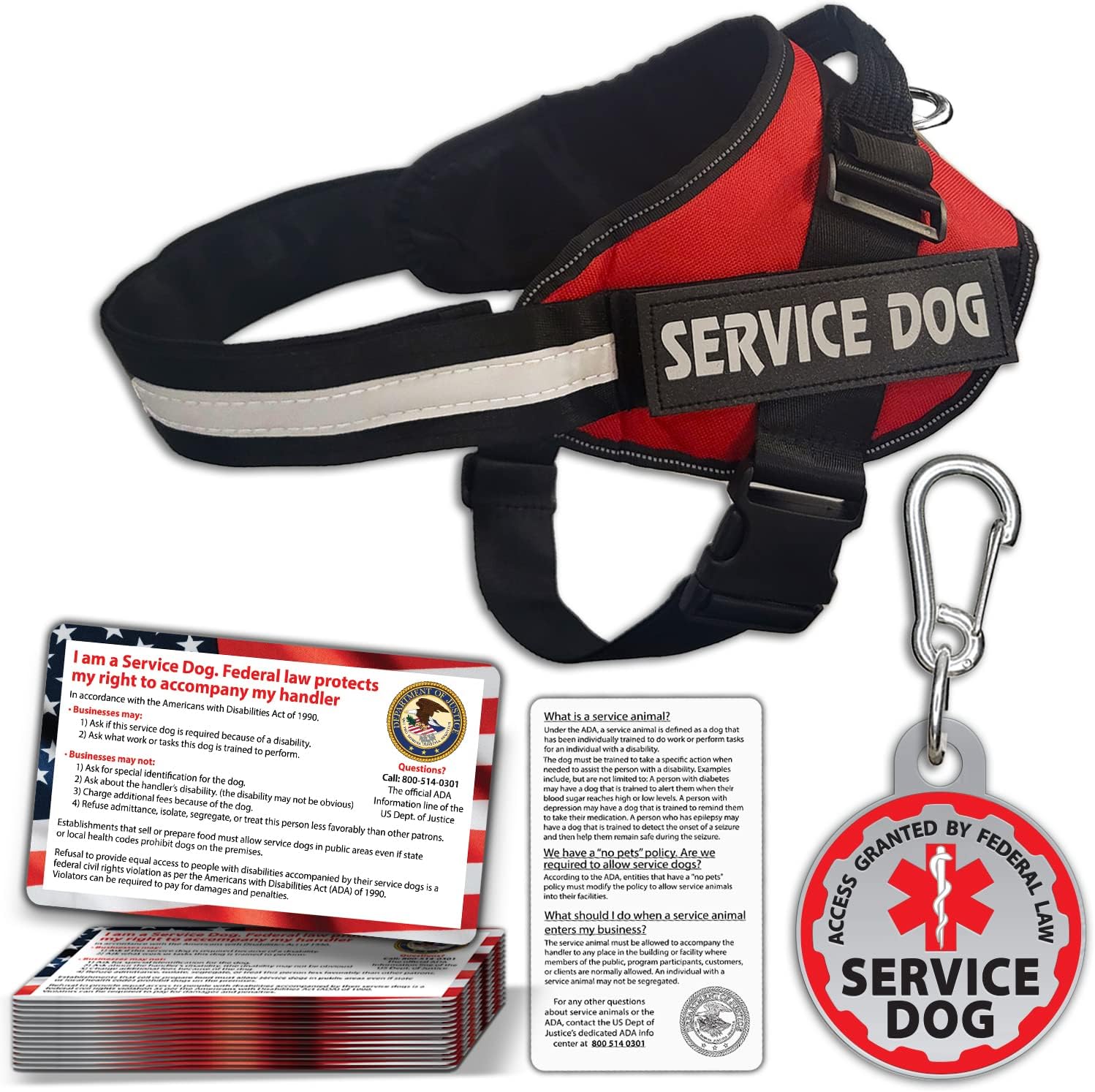 Service Dog Vest, ID Tag and ADA Info Cards - Harness in X Small to XX Large, Durable Metal Tag, 2-Sided Service Animal Cards. ESA Accessory Set