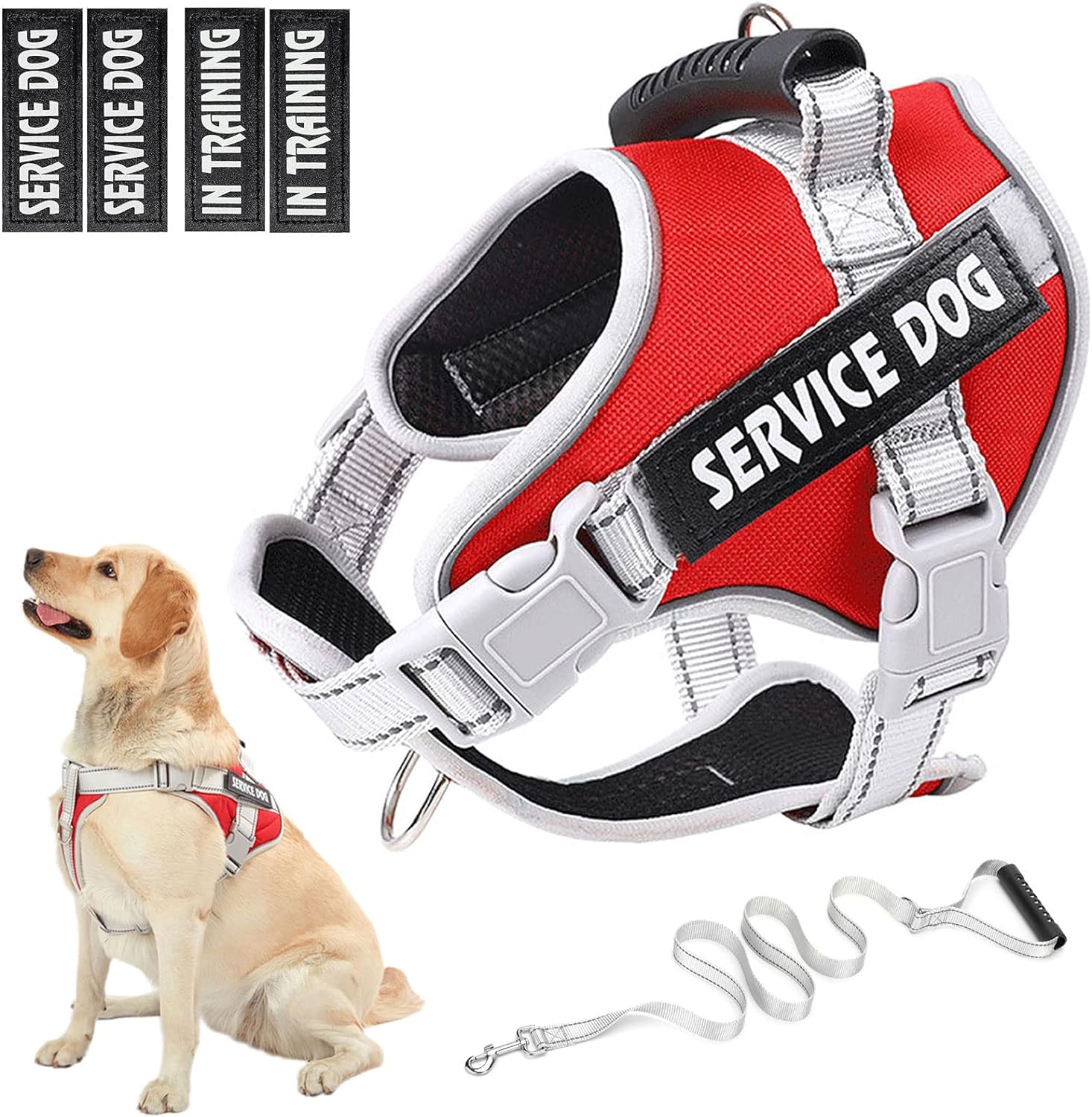 HUSDOW Service Dog Vest Harness, No Pull in Trainning Dog Harnesses with Handle & 5ft Dog Leash, Adjustable and Reflective No Chock for Small Medum Large Pets Walking and Running(Red, M)