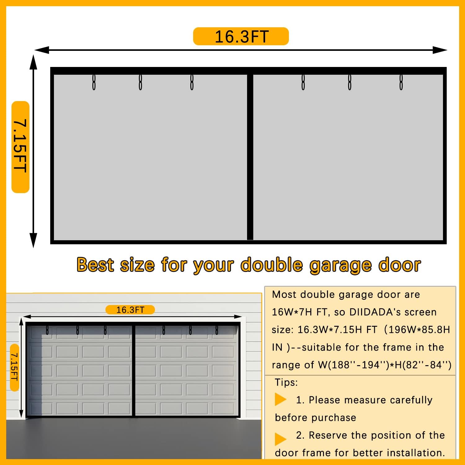 Fiberglass Magnetic Garage Screen Door - Double 16x7ft (2 car) Hands Free Mesh Screen DoorDIY Retractable Garage Door Screen with 6 Roll Up Starps (Fit 16 Ft W * 7 Ft H-A)