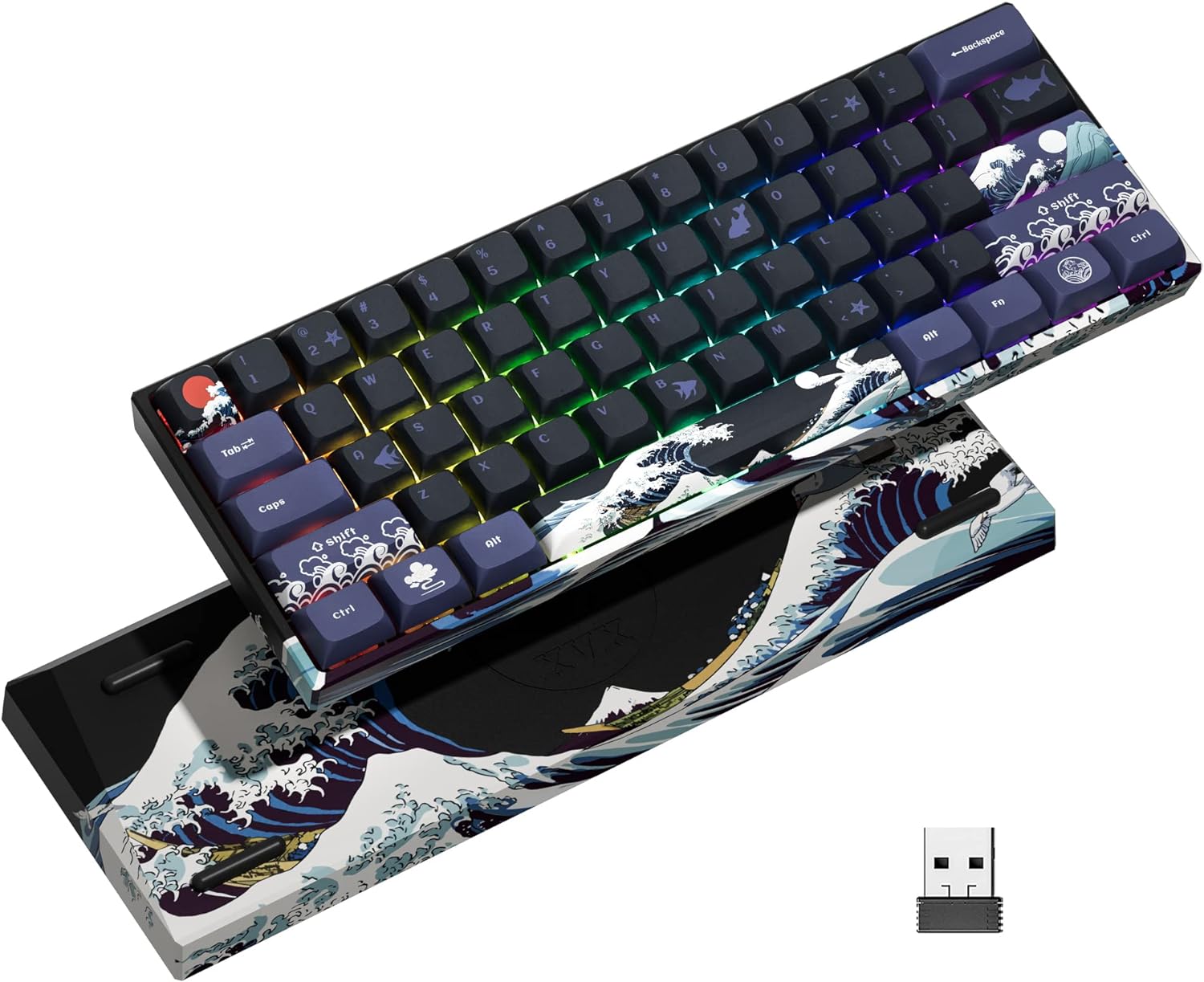 HITIME XVX 60% Gaming Keyboard, RGB Wireless Mechanical Keyboard, Mini 60 Percent Gamer Keyboard with Hot-Swappable Gateron G Yellow Pro Switch for Windows & Mac (Great Wave Off Kanagawa)