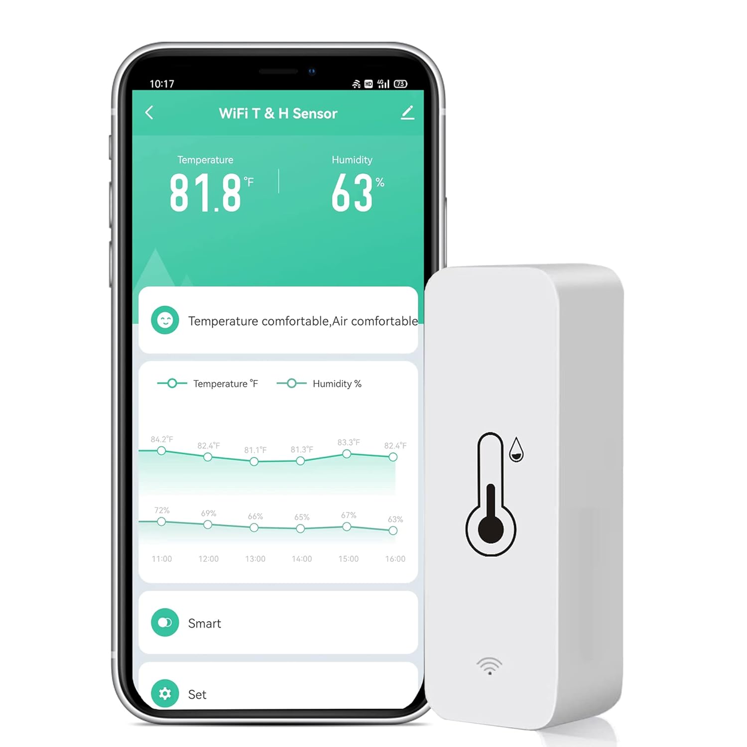 WiFi Temperature Humidity Sensor: Wireless Temperature Humidity Monitor with App Alert, Free Data Storage Export, Smart Indoor Thermometer Hygrometer Compatible with Alexa Google Assistant (1-Pack)